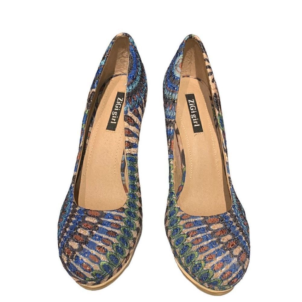 ZiGigirl Pumps Stiletto Abstract Peacock Pattern Colorful Gold Heel, Women's Siz